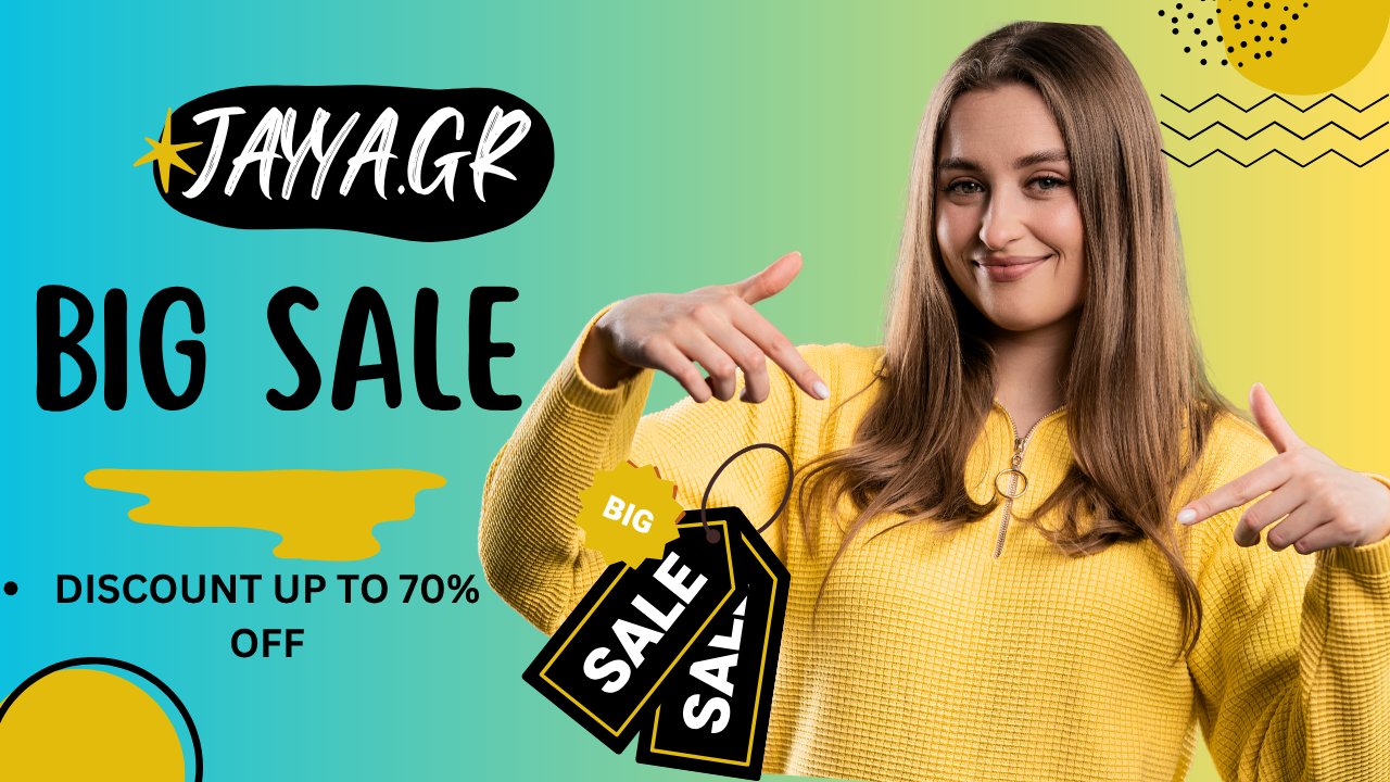 Promotional banner for Jaya.gr with a woman in a yellow jacket pointing to a sale tag, set against a colorful background.